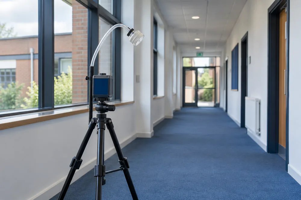 Air sampling pump on a tripod in an empty commercial corridor