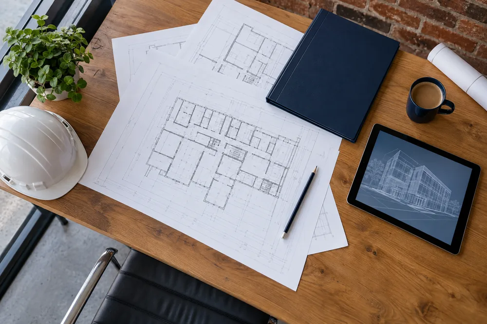 Building plans and facilities management records on a desk